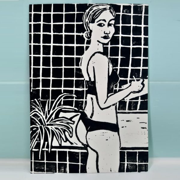 Linogravura 'Bathroom session'