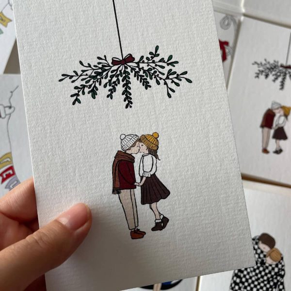 Postal 'Beijo debaixo do visco . Kiss under the mistletoe'