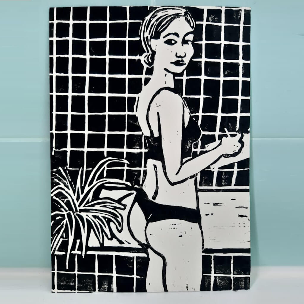 Linocut - Bathroom session