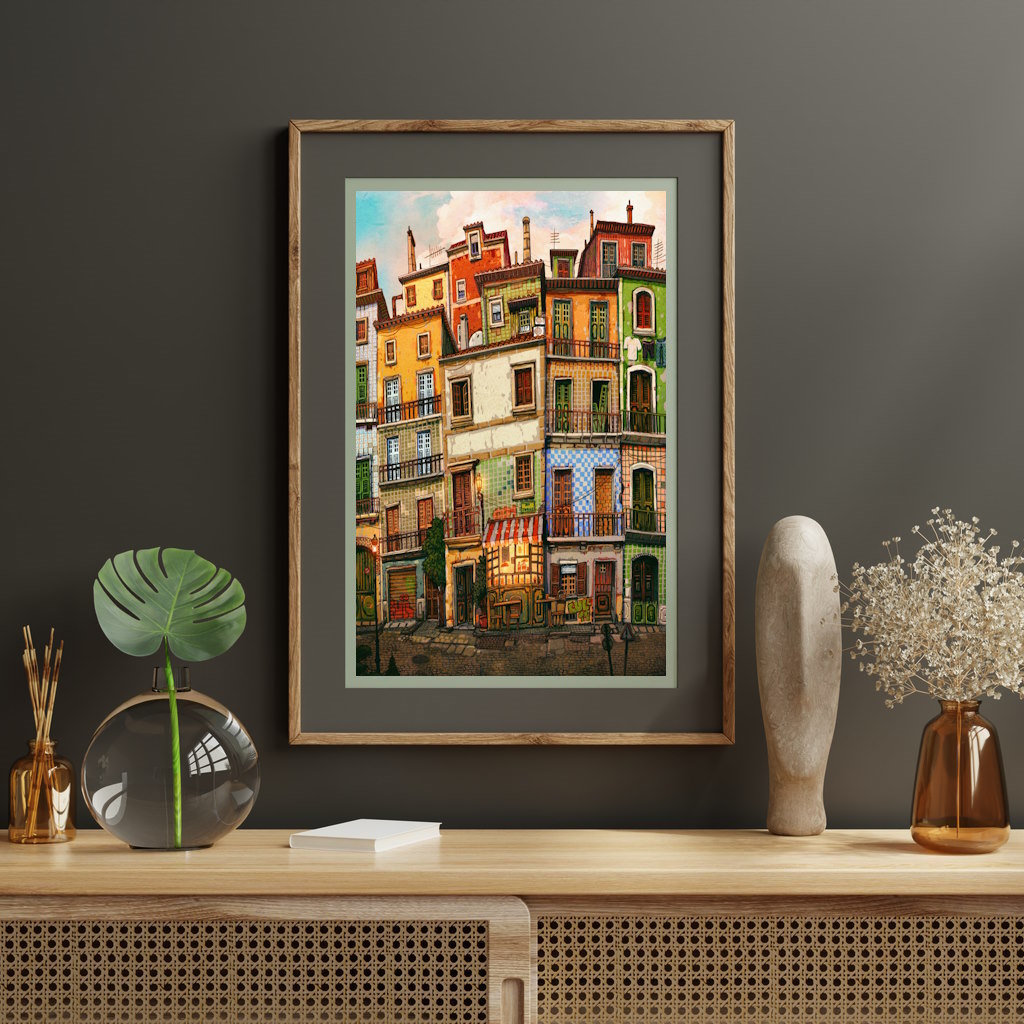 Desenho impresso disponível em diferentes formatos, com uma ilustração figurativa do casario do Porto.