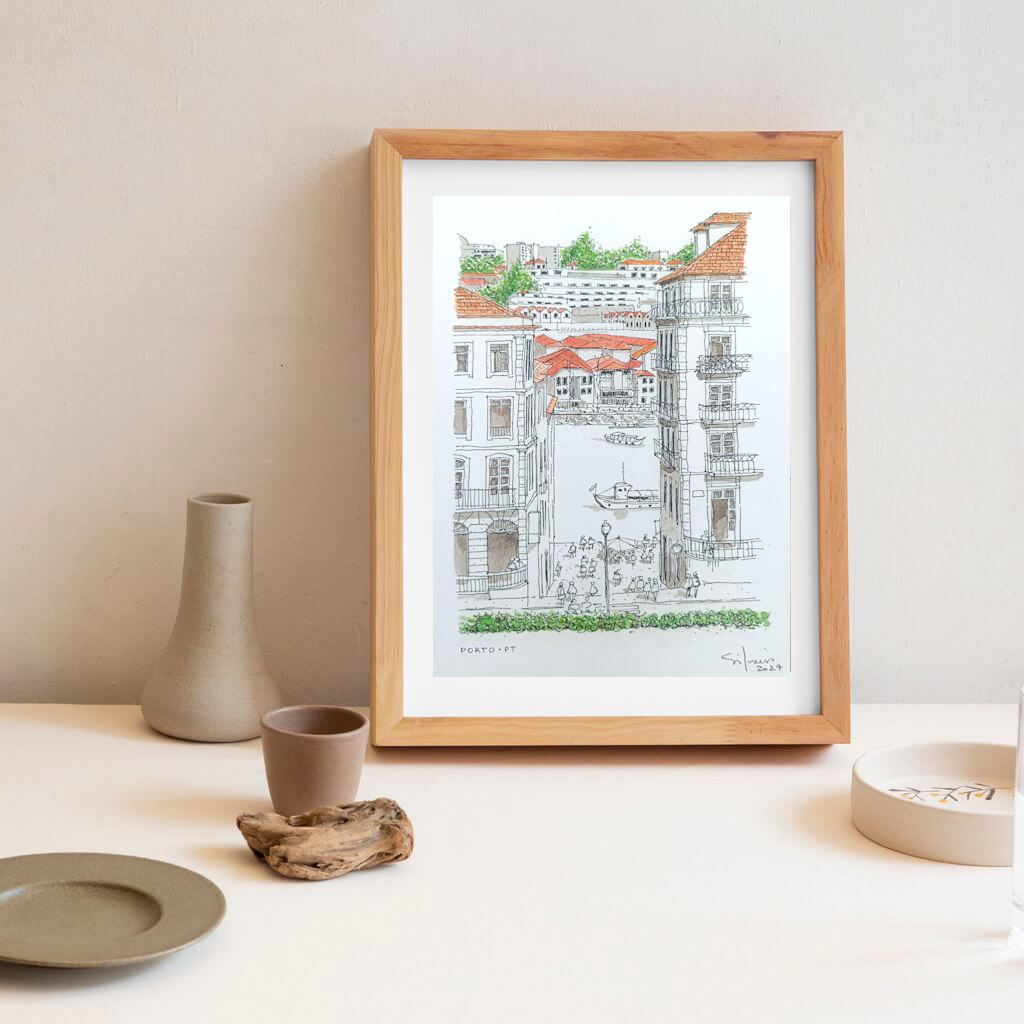 Art print ‘Ribeira do Porto‘ a partir de uma ilustração figurativa do skyline do Porto assinado pelo autor