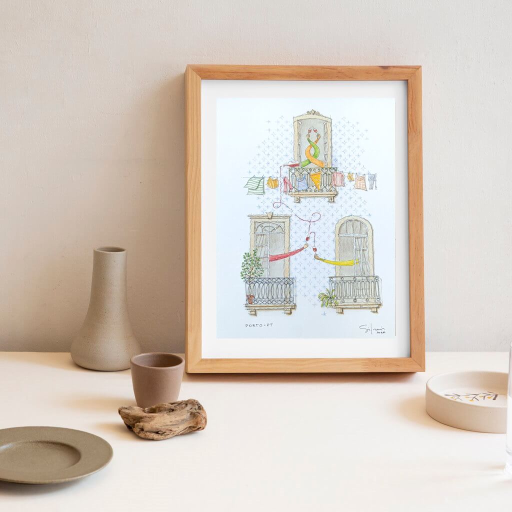 Art print ‘Vinho do Porto‘ a partir de uma ilustração figurativa do skyline do Porto assinado pelo autor